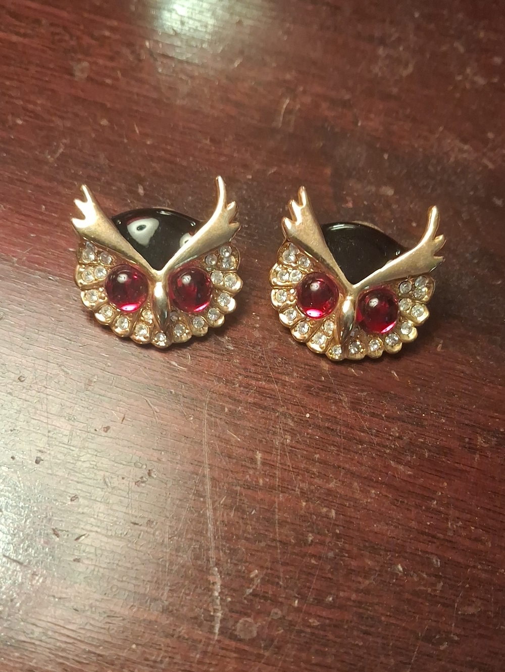 Gold Owl Stud Earrings with Black Backing and Red Gem Eyes